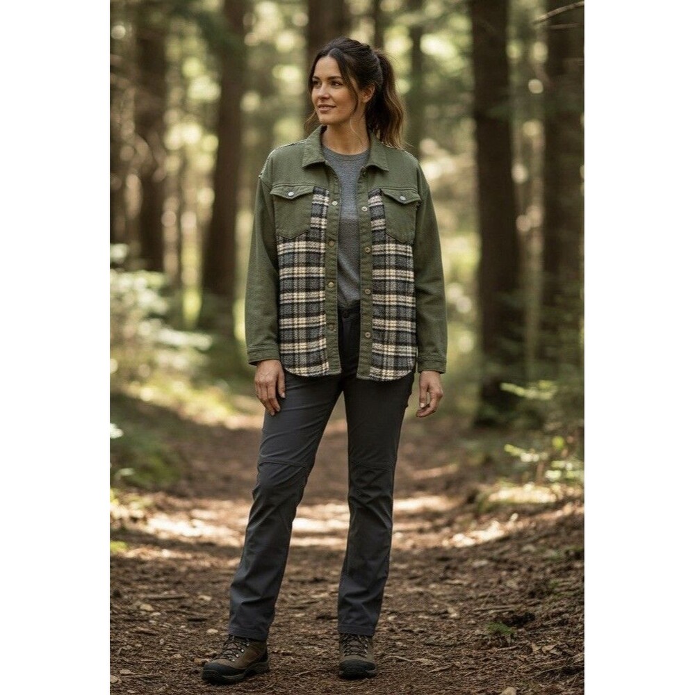 Womens Coats Size Large Cufflink Cotton Denim Plaid Shirt Jacket Army Green